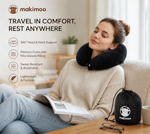 Memory Foam Travel Neck Pillow with Adjustable Support - Soft & Compact