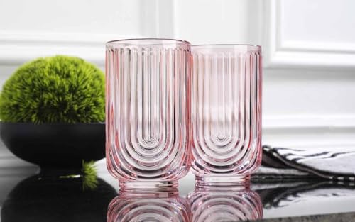 Glaver's Pink 17oz Vintage Glassware Set of 4 Art Deco Ribbed Drinking Tumblers