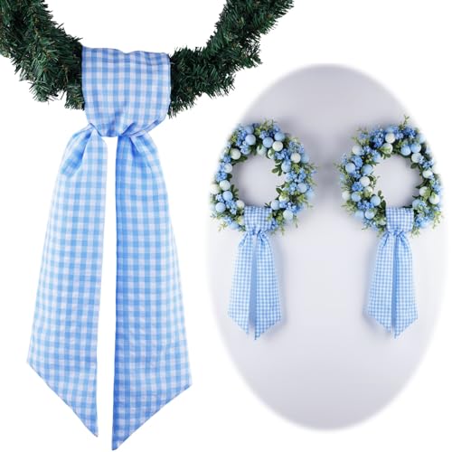 Blue and White Checkered Wreath Sash (2-Pack) - 54" Plaid Front Door Ribbon