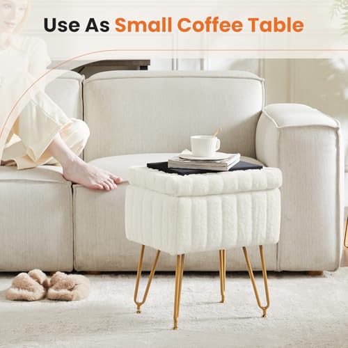 Faux Fur Vanity Stool Chair with Hidden Storage & Gold Metal Legs