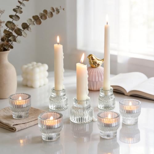 JMMAYIG 36 Pack Tealight & Taper Candle Holder Set - 2-in-1 Clear Ribbed Glass Decor