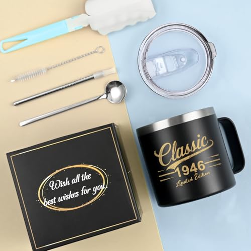 80th Birthday Gifts for Men - Classic 1946 Insulated Coffee Mug with Lid & Straw, 14oz Black