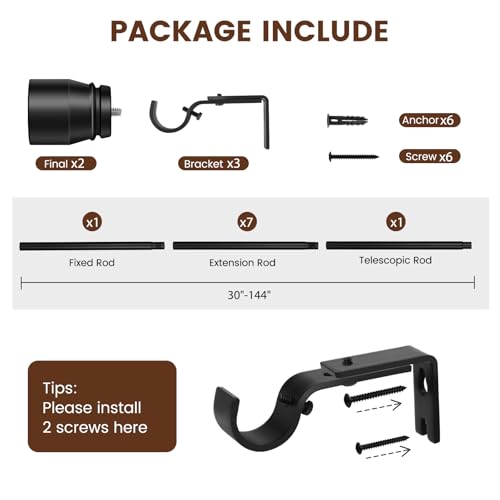 Heavy Duty Adjustable Curtain Rod - 1" Matte Black Metal Rod (30 to 144")