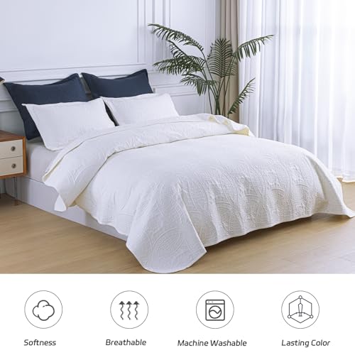 SheRest Queen Quilt Bedding Set - 3-Piece Lightweight White Coverlet