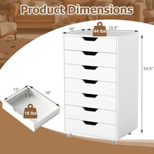 7-Drawer Mobile Rolling Storage Cabinet with Wheels, White Office Organizer
