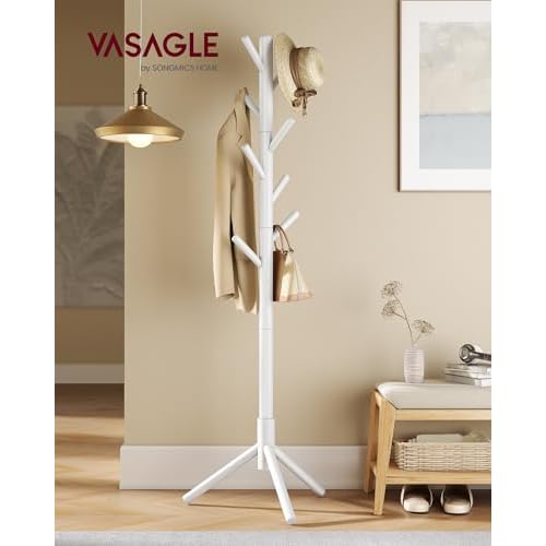 VASAGLE Solid Wood Coat Rack, Free Standing Tree-Shaped Coat Rack with 8 Hooks, 3 Height Options, for Clothes, Hats, Bags, Living Room, Bedroom, Home Office, White URCR04WT