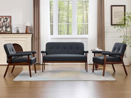 3-Piece Mid-Century Modern Faux Leather Loveseat and Accent Chair Set