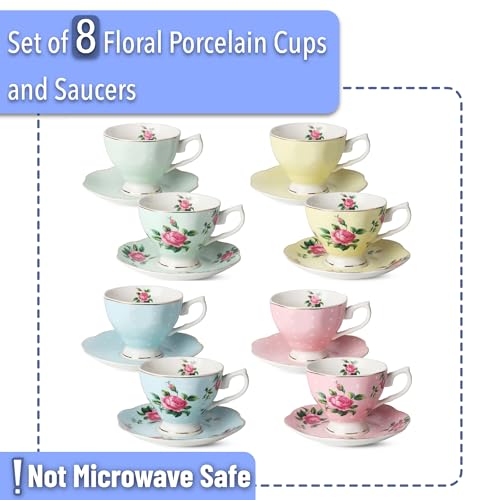 Brew To A Tea Floral Tea Cup & Saucer Set of 8, 8 oz Multicolor Porcelain