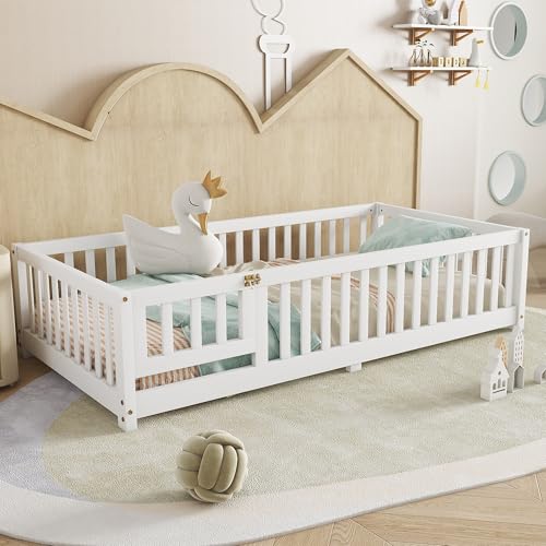 Twin Montessori Floor Bed Frame with Fence, Door, and Wood Slats
