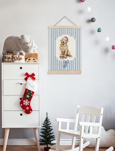 GDJIEGBC Funny Christmas Golden Retriever Wall Art Decor - Blue Stripes, 12x16 Inches, Variation 3