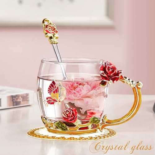 3D Enamel Glass Flower Tea Mug with Matching Spoon, Heat Resistant Cup