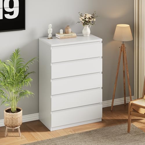 Jocoevol White 5-Drawer Bedroom Dresser - Modern Wood Storage Chest