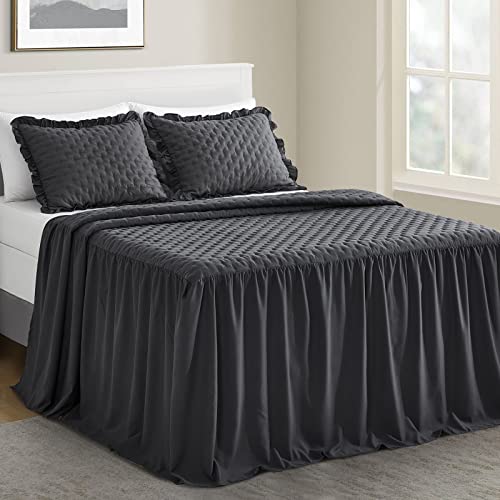 King Size Ruffle Skirt Bedspread 3-Piece Set with 30" Drop, Dark Grey