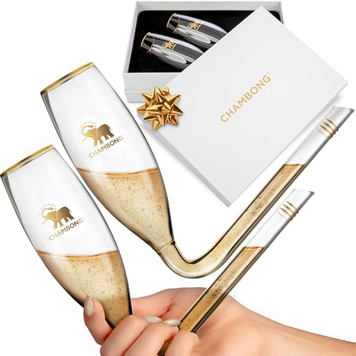Chambong Hand-Blown Glass Champagne Flute Shooters with Gold Accents, 2 Pack