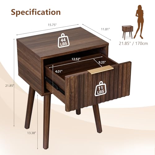 Fluted Nightstand Set of 2, Mid-Century Modern Wood Bedside Tables, Walnut