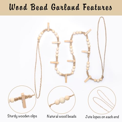 Boho Wooden Bead Hanging Photo Display Garland with 30 Clips and 24 Pegs