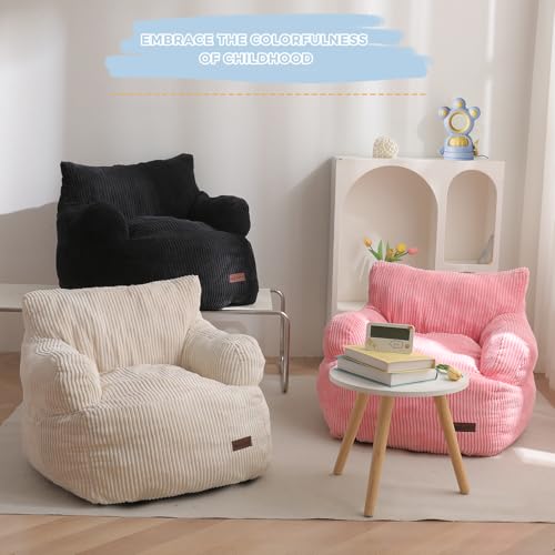Kids Bean Bag Chair with Side Pocket - Beige Corded Foam Floor Sofa