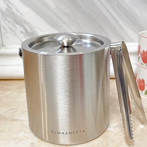 Olmaanseta Mini Double Walled Stainless Steel Ice Bucket with Lid & Tongs 1.3L for Parties & Home Bar