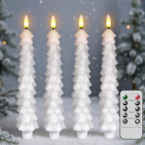 White Christmas Tree Flameless Taper Candles Battery Operated Remote Timer - KunSwenn 4-White
