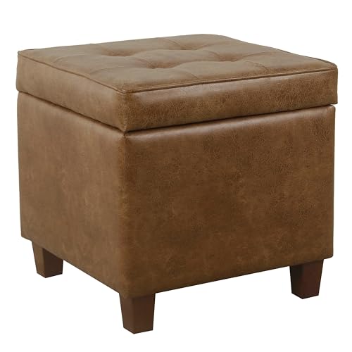 Square Tufted Storage Ottoman in Distressed Brown Faux Leather