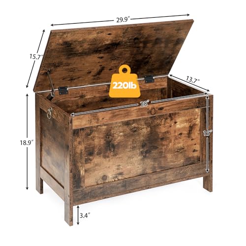 Rustic Brown Wooden Storage Chest and Bench with Safety Hinge