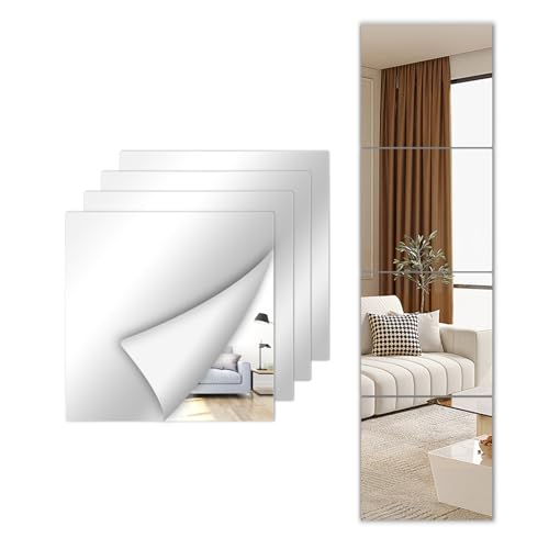 4-Pack 12-inch Acrylic Mirror Tiles, Self-Adhesive Shatterproof Wall Decor