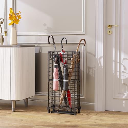 Freestanding Metal Umbrella Stand with Drip Tray and Hooks for Entryway