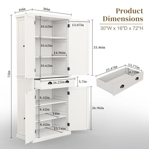 72-Inch Tall Kitchen Pantry Storage Cabinet with Drawer and Adjustable Shelves