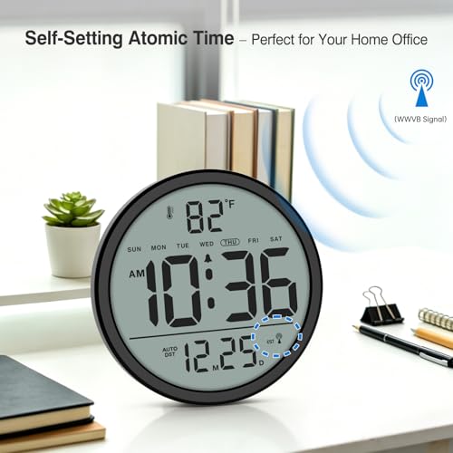 8-Inch Digital Atomic Wall Clock with Auto DST, Date and Temperature