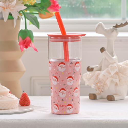 Christmas Insulated Glass Tumbler with Lid & Straw - 20oz Stainless Steel Iced Coffee Cup Gift
