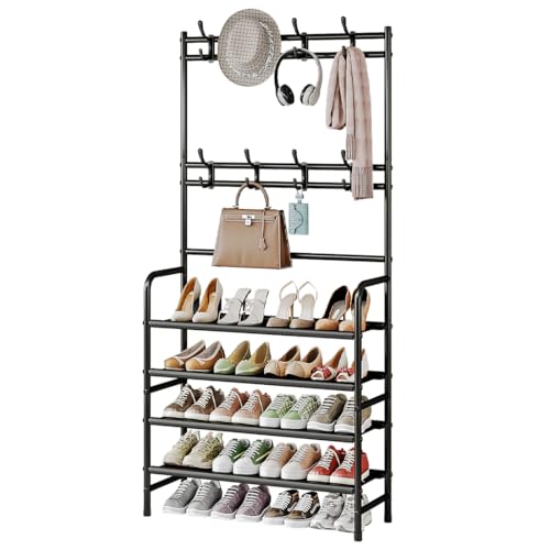 4-Tier Metal Hall Tree with Shoe Rack and Coat Hooks, Freestanding Organizer