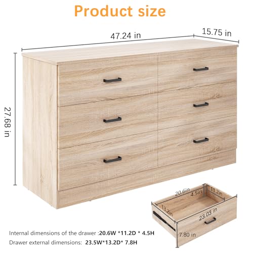 Modern 6-Drawer Wood Dresser - Large Storage Chest for Bedroom and Living Room