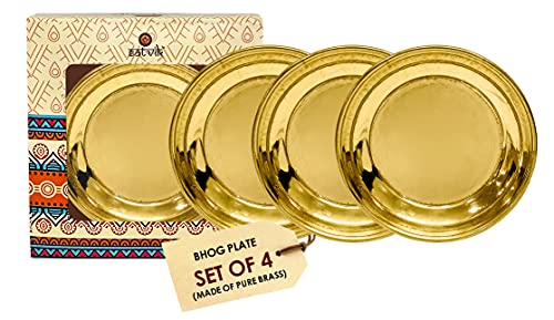 Set of 4 Pure Brass Puja Bhog Thali Plates - 8.3cm Ritual Offering Dishes