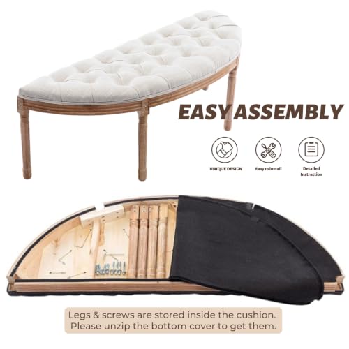 55-Inch Button-Tufted Half-Moon Dining Bench, Upholstered Linen Seat