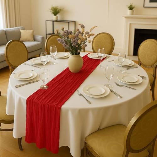 Red Cheesecloth Table Runner 120-Inch Rustic Boho Gauze Table Decor