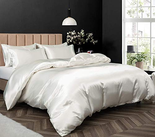 Ivory White Satin Duvet Cover Set - 5 Piece Full/Queen Bedding with Zipper