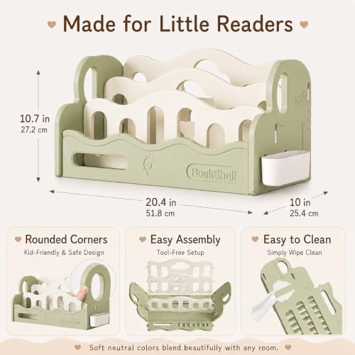 JOOMLAFLY Green Kids Bookshelf for Toddler - Front Facing Montessori Book Organizer, 3-Tier, BPA-Free HDPE, Tool-Free Assembly