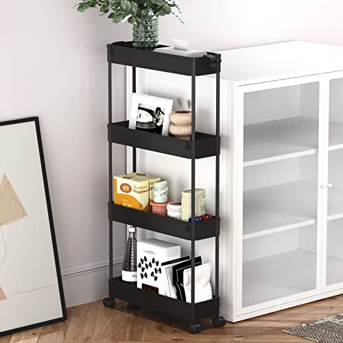 Slim Storage Cart 4-Tier Rolling Utility Organizer for Narrow Spaces, Black