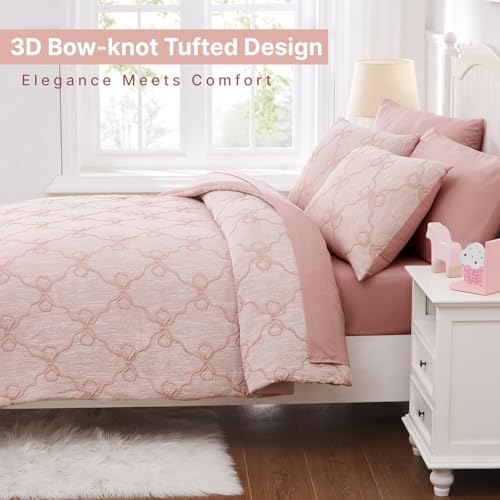 Pink Bow Twin Comforter Set with Sheets - 5-Piece Girls Bedding Set