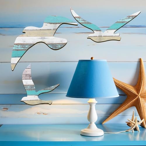 3-Piece Wood Seagull Wall Art Set, Coastal Nautical Beach Home Decor