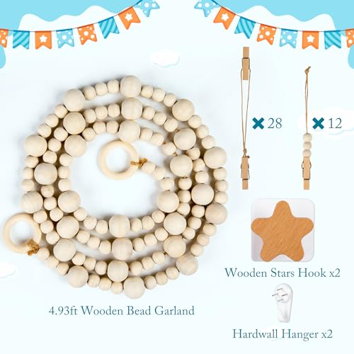 Kids Artwork Display Wall Hanging with 40 Wood Clips & Boho Beaded Garland