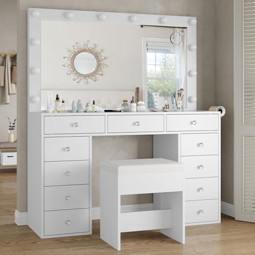 Vanity Desk with Mirror, 12 LED Lights, 11 Drawers, and Charging Station