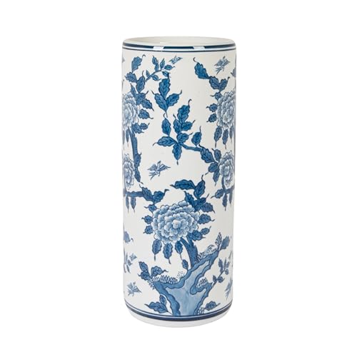 Blue and White Ceramic Umbrella Stand - 18-Inch Floral Entryway Decor