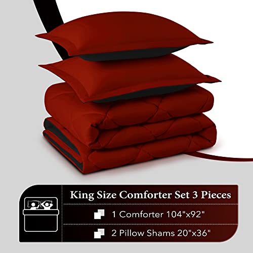 King Size Reversible Comforter Set - 3-Piece Red & Black Bedding with Shams
