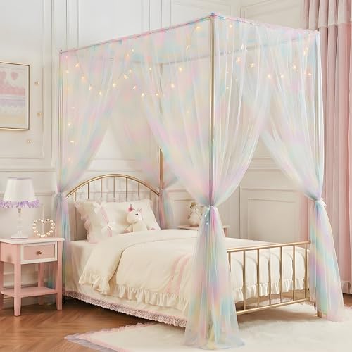 Pink Rainbow Bed Canopy for Twin Bed, 4 Corner Post Princess Bed Curtains