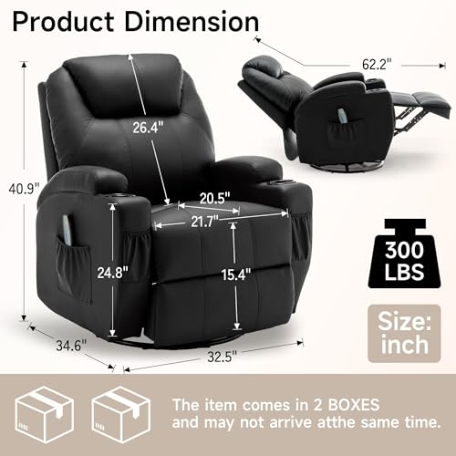 Swivel Rocking Recliner Chair with Massage, Heat, and Cup Holder
