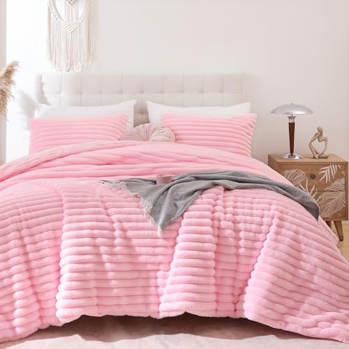 Pink Faux Fur Queen Comforter Set - 3-Piece Plush Fleece Bedding Set