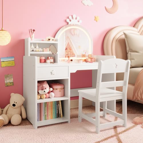 Kids Vanity Set with Lighted Mirror, Storage Cabinet, and Chair for Girls