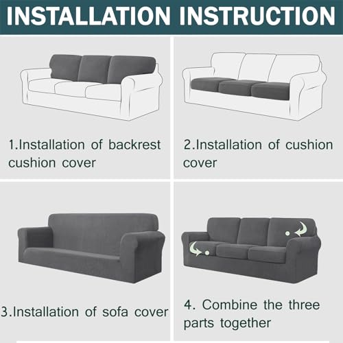 7-Piece Stretch Sofa Cover Set for 3 Cushion Sofas - Grey