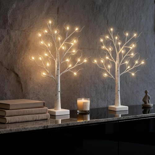 2-Pack 2ft Pre-Lit Birch Trees with Warm White LEDs - Tabletop Decor